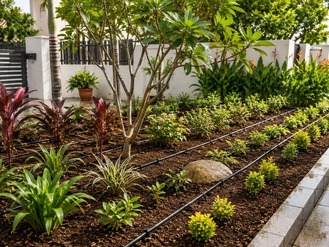 Drip irrigation lines running through a planted bed