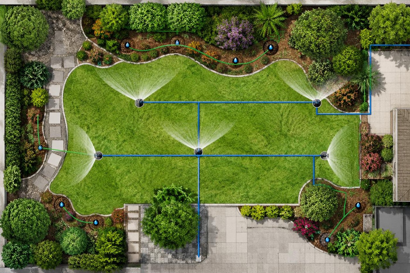 Irrigation layout showing sprinkler zones and pipe runs