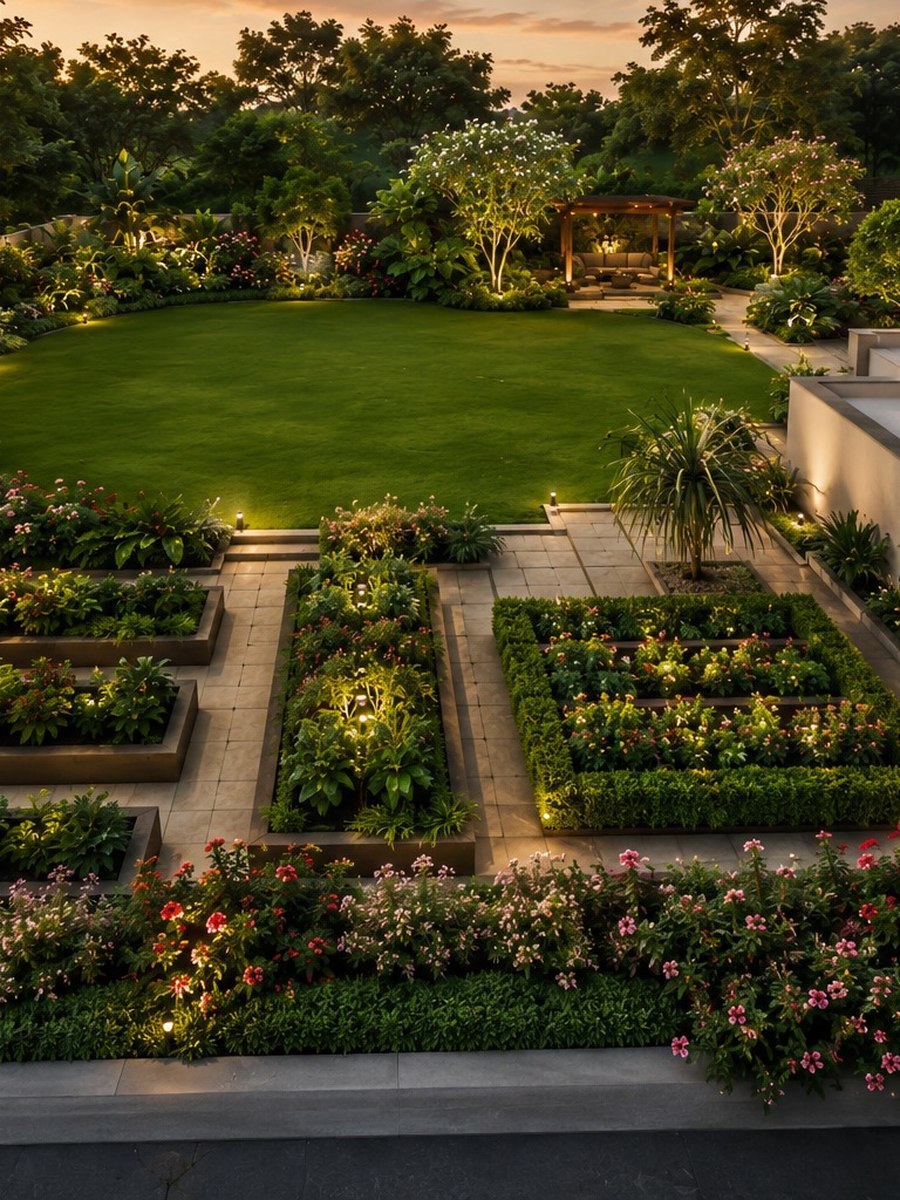 Landscape pathway lit at dusk